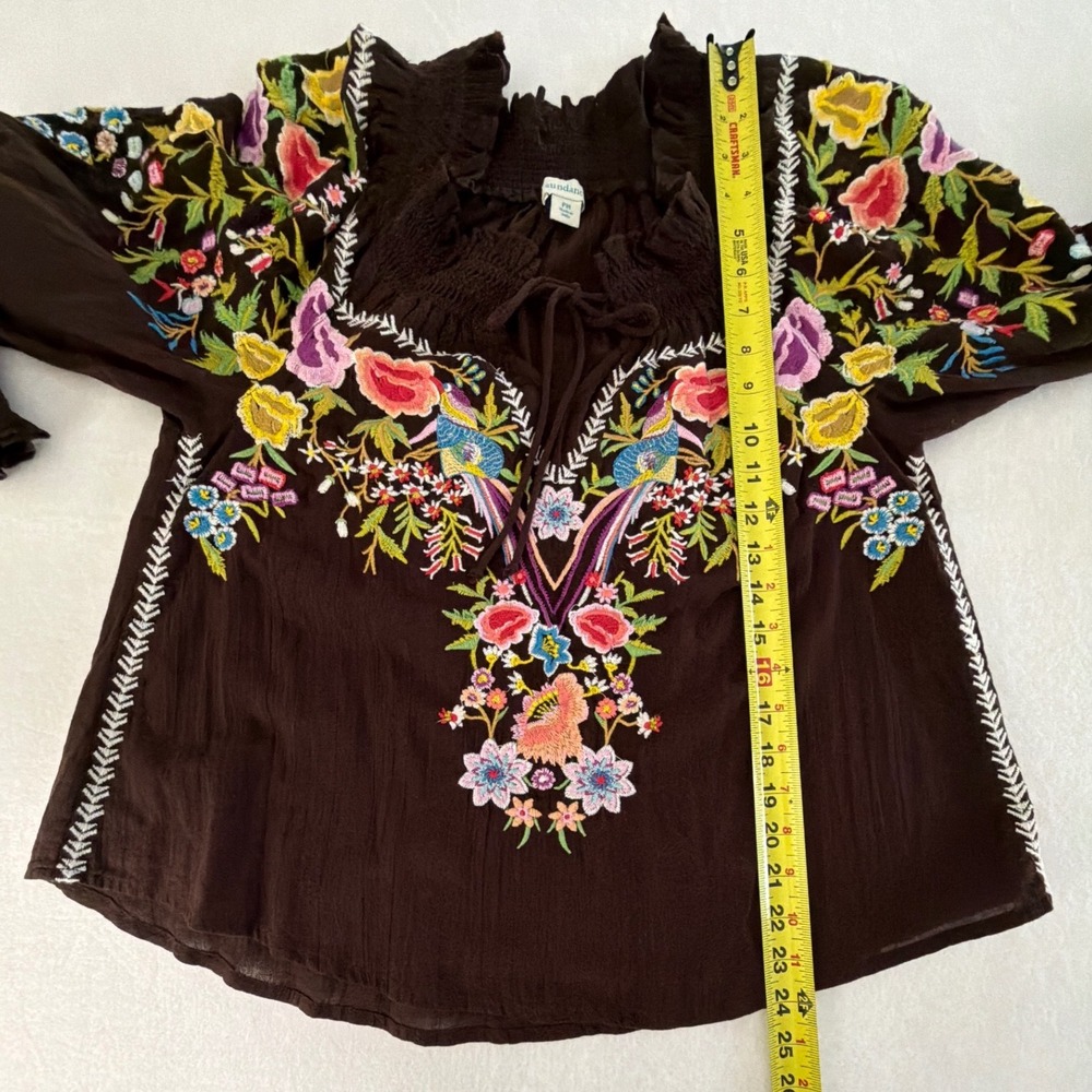 Sundance Brown Embroidered Floral Bird Peasant Blouse Boho Top PM Womens - Picture 9 of 11